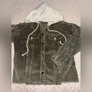 She + Sky Olive Corduroy Jacket with White Hood